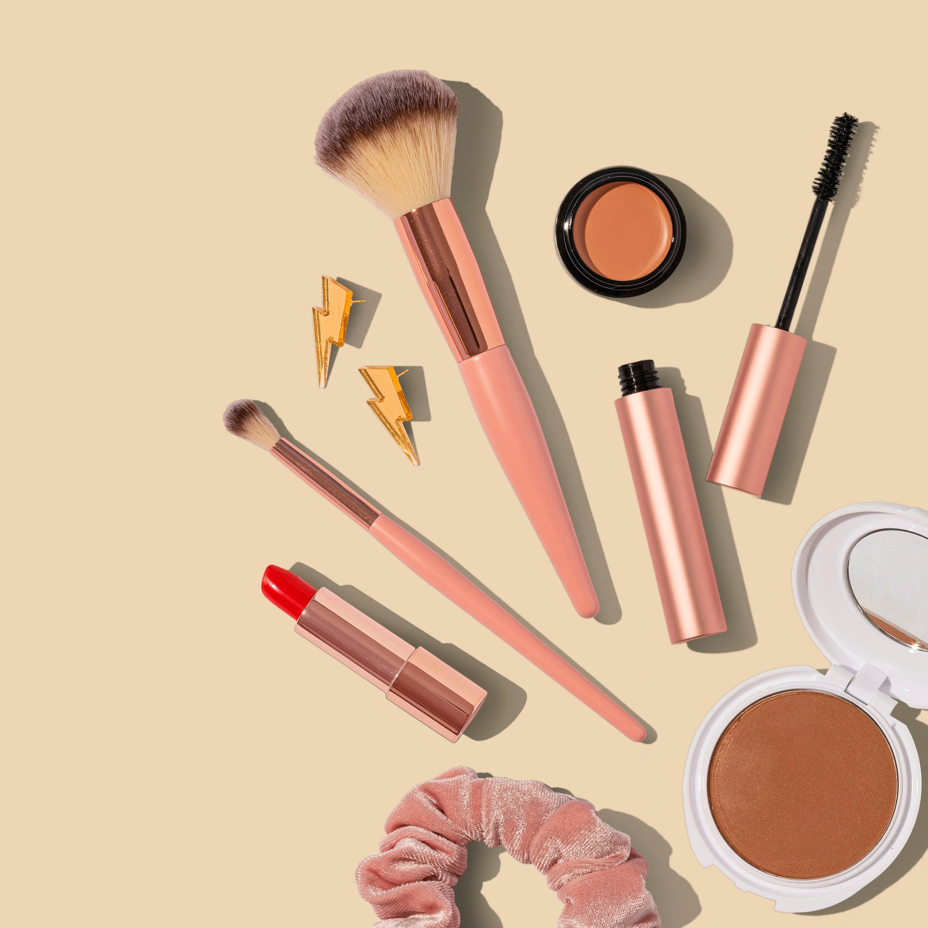 Beauty makeup brush set flat lay