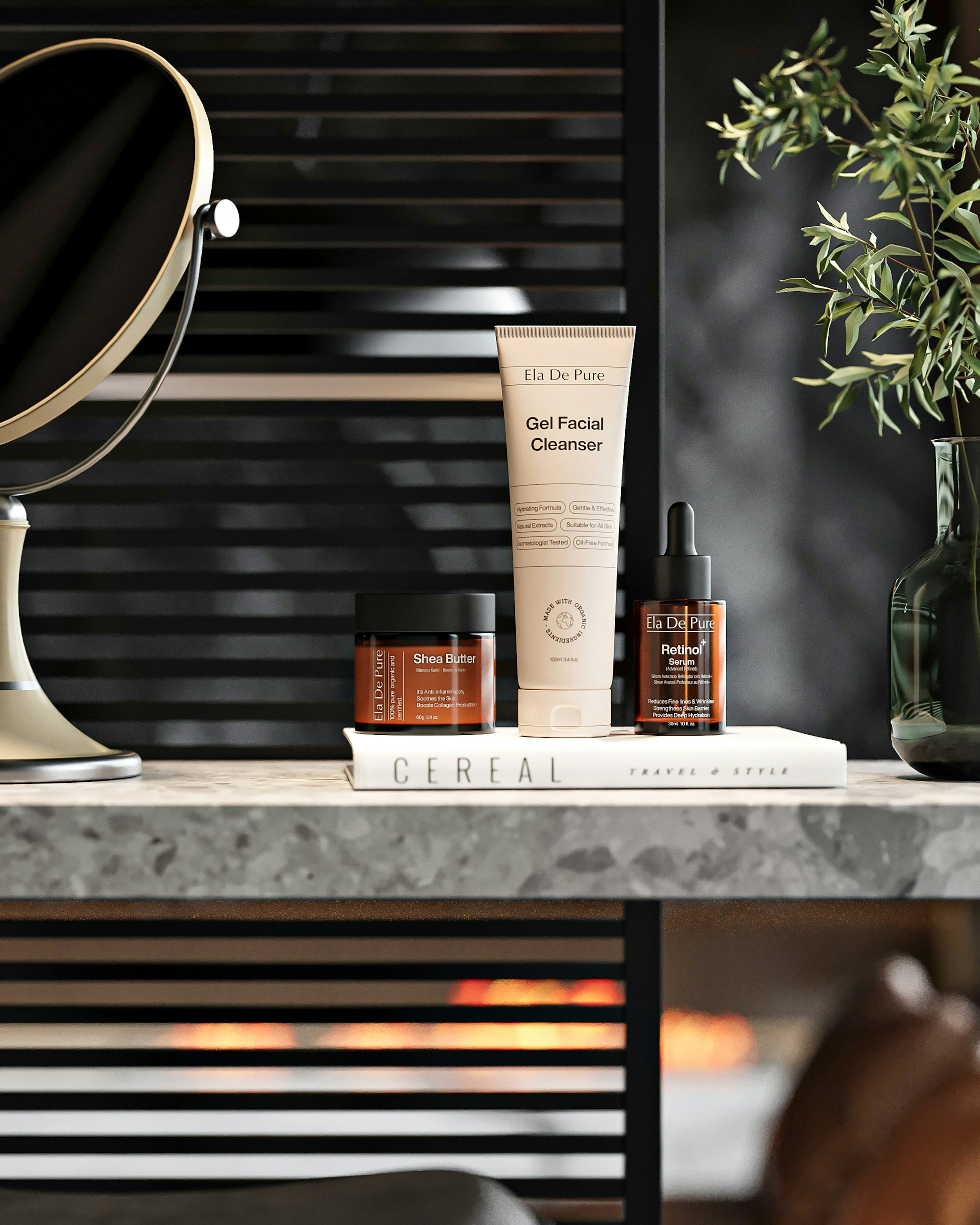 Skincare products, a mirror, and a plant styled on a warm marble counter